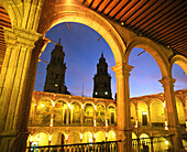 Government Palace, courtyard and belfries of the cathedral. Morelia. Michoacan. Mexico