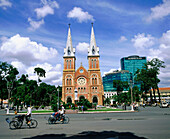 Streets and Notre Dame Cathedral in Ho Chi Minh City. Vietnam