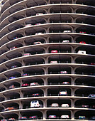 Parking detail. Marina City twin towers along Chicago River, Chicago, Illinois, USA