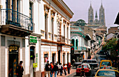Calle Platero and Basilica del Voto Nacional. Casco Colonial. Quito. Ecuador