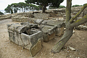 Sarcophagus in the early Christian cemetery plaaced over the old Greek city. Ampurias. Girona province. Catalonia. Spain