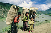 People. Paro river and valley. Bhutan.