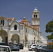 Church in Lefkara and Greek flag. Cyprus
