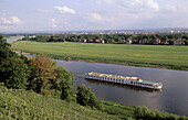 Boat along Elbe river at Lingner castle (UNESCO World Heritage). Dresden. Sachsen. Germany.