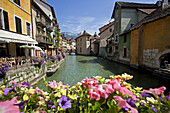 The Thiou river and the flowers of the riverside. Annecy. France.