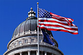 State Capitol dome and flag. Salt Lake City. Utah. USA