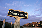 Road sign to Utah Beach, World War II historic site. Normandy. France