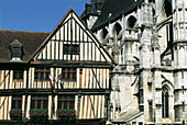 Traditional wooden buildings & the cathedral. Vernon. Normandy. France