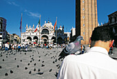 Tourist feeding pigeons on St. Mark s Square. Venice. Italy