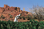 Kasbah of Tifoultout, Fellah (peasant) in foreground. Morocco
