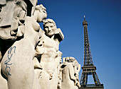 Chaillot statues and Eiffel Tower. Paris. France