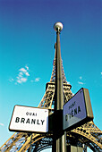 Eiffel Tower and street signs. Paris. France