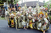 Baris dancers at an hinduist religious ceremony (odalan) in the Celuk Temple. Bali island. Indonesia