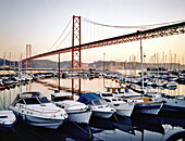 Marina and 25th of april bridge over river Tejo . Lisbon. Portugal