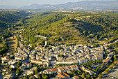 Aerial of the Riez town, Valensole plateau. Alpes de Haute-Provence, Provence, France