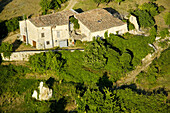 Aerial of an old Bastide villa near Moustiers-Sainte-Marie village. Alpes de Haute-Provence, Provence, France