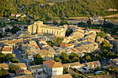 Aerial of the village of Valensole in summer. Alpes de Haute-Provence, Provence, France