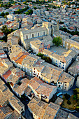 Aerial of the village of Valensole in summer. Alpes de Haute-Provence, Provence, France