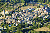 Aerial of Saint-Martin-de-Brômes village, Valensole plateau. Alpes de Haute-Provence, Provence, France