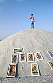 Artist exhibition on heaps of dried salt. Redba salted lake (also called Lac Rose). Cap-Vert. Senegal.