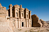 The Deir, also called Monastery, has been carved in the rock on top of mountain at II th century BC by the Nabatean people. This temple was a place of worship and later on used as a primitive church. Archeological site of Petra. Jordan.