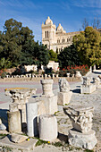 The Saint-Louis cathedral at back. Archeological Museum presenting mosaics, sculptures and other items from the excavations of the ancient city. Carthage. Tunisia