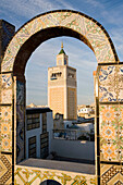 The Zituna mosque minaret view from the roofs. The souks. City of Tunis. Tunisia