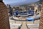 Greek theater. Preparing the scenography for Madama Butterfly opera, by Puccini. 9-12 August 2005. Etna volcano at the back. Taormina. Sicily. Italy.