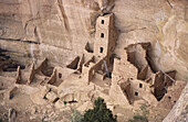 USA, Colorado, Mesa Verde. Overhead view of square tower house cliff dwelling, from only public viewpoint.