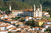 Overview on the city and Igreja do Carmo (church). City of Ouro Preto. Minas Gerais. Brazil
