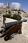 Old cannons in Dalt Vila district, old town of Ibiza. Ibiza, Balearic Islands. Spain