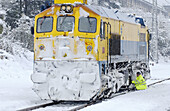 Locomotive at train station in winter. Zumárraga. Guipúzcoa, Spain