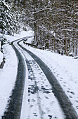 Road with ice and snow. Cerain, Gipuzkoa, Euskadi.