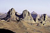 Atakor Mountains seen from father Charles de Foucault ermitage at sunset. Assekrem col. Hoggar, Sahara desert. Algeria