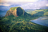 Aerial of Morne Brabant Hill at dusk. Mauritius