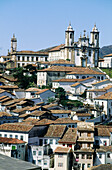 Overview on the city and Igreja do Carmo (Carmo Church) in background. Historic city of Ouro Preto. Minas Gerais. Brazil