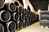 Oak barrels of sherry at wine cellar, González Byass winery. Jerez de la Frontera, Cádiz province. Spain