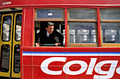 Tramway driver at the window. Local Tramway Electrico . Lisbon. Portugal