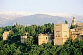 Overview on the Alhambra and Sierra Nevada mountains in background. Granada. Spain
