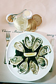 Oysters dish and glass of white wine. Normandy. France