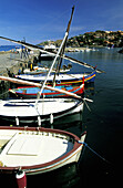 Traditional Catalan boats. Historic Village and Harbour. Colliure. Pyrenees-Orientales. Languedoc Roussillon. France