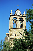 Roman church bell tower. Medieval village. Castellnou. Pyrenees-Orientales. Languedoc Roussillon. France