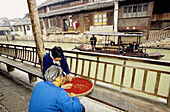 Women sorting red berries along the canal.Wushen, small historic city with many canals. Zhejiang province, China