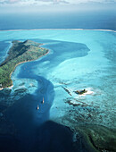 Aerial of Bora Bora island and lagoon. Leeward Islands. French Polynesia