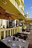 Hotel restaurant terrace on Ocean Drive, Art Deco district, Miami Beach, Florida. USA.