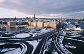 Gamla Stan view from Gondolen in winter. Harbour on right. Stockholm. Sweden.