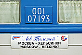 Sign, Russian train from St. Petersburg in the central railway station. Helsinki, Finland