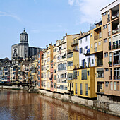 Onyar river with cathedral in background. Girona, Catalonia, Spain