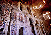Interior of the Hodigitria church with wall paintings (1312-22) at Mystras. Peloponnese. Greece.