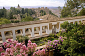 Patio de la Acequia of the Generalife, and back the Alhambra at Granada. Spain.